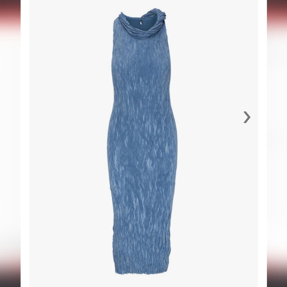 Lela Rose Cerulean Twisted Cowl Neck Plissé Midi Dress Size 8